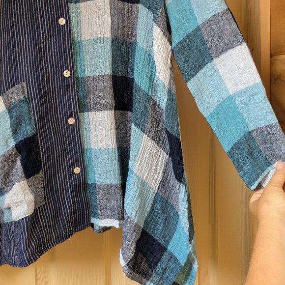 Liv by Habitat Yin Yang Shirt Womens Small Linen Blue Plaid Button Up Lagenlook - Picture 4 of 8